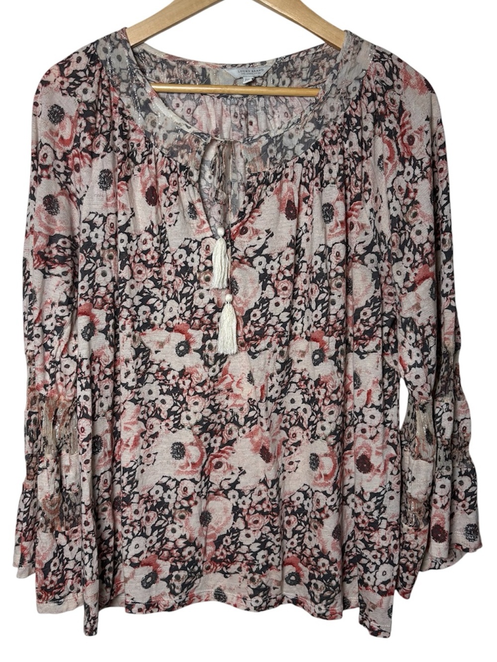 Lucky Brand 1X Blouse Top Flutter Sleeve Floral Tassel Boho Cotton Linen Sheer
